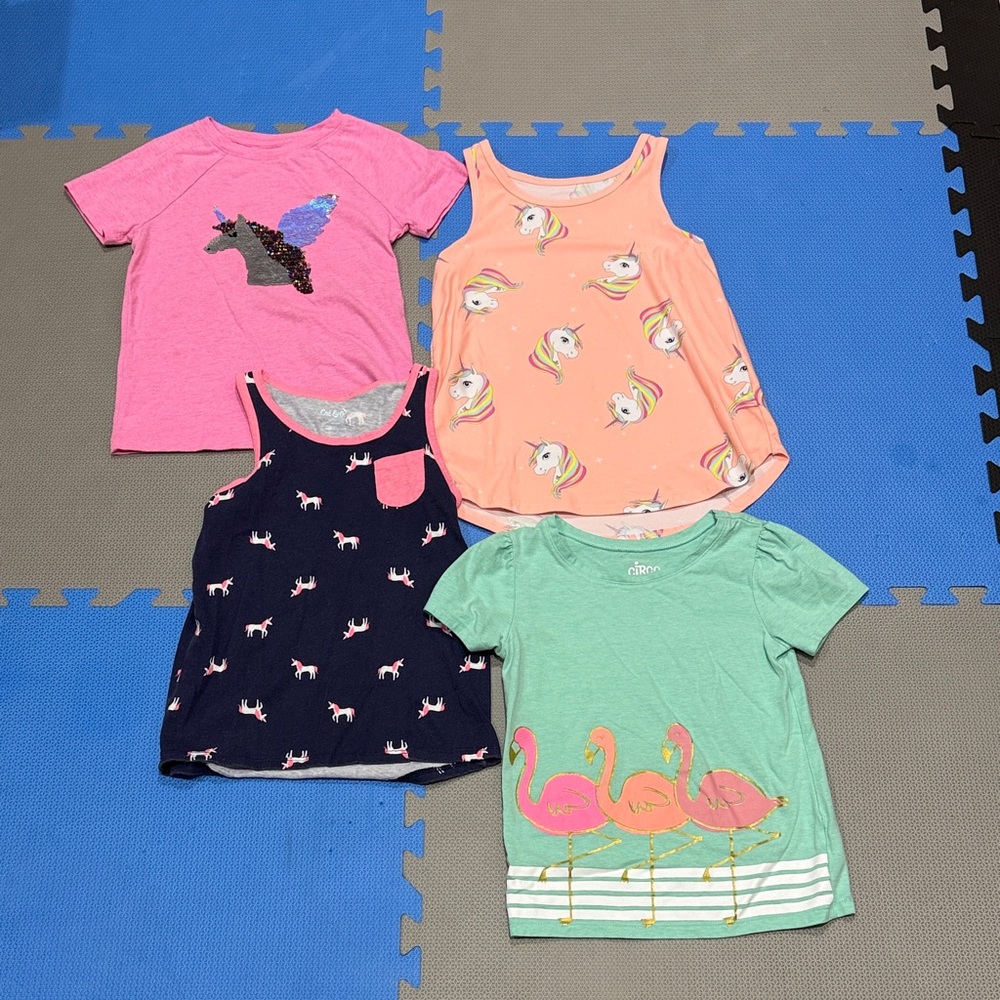 Bundle of girls size 6 summer tops (unicorn, flamingo)